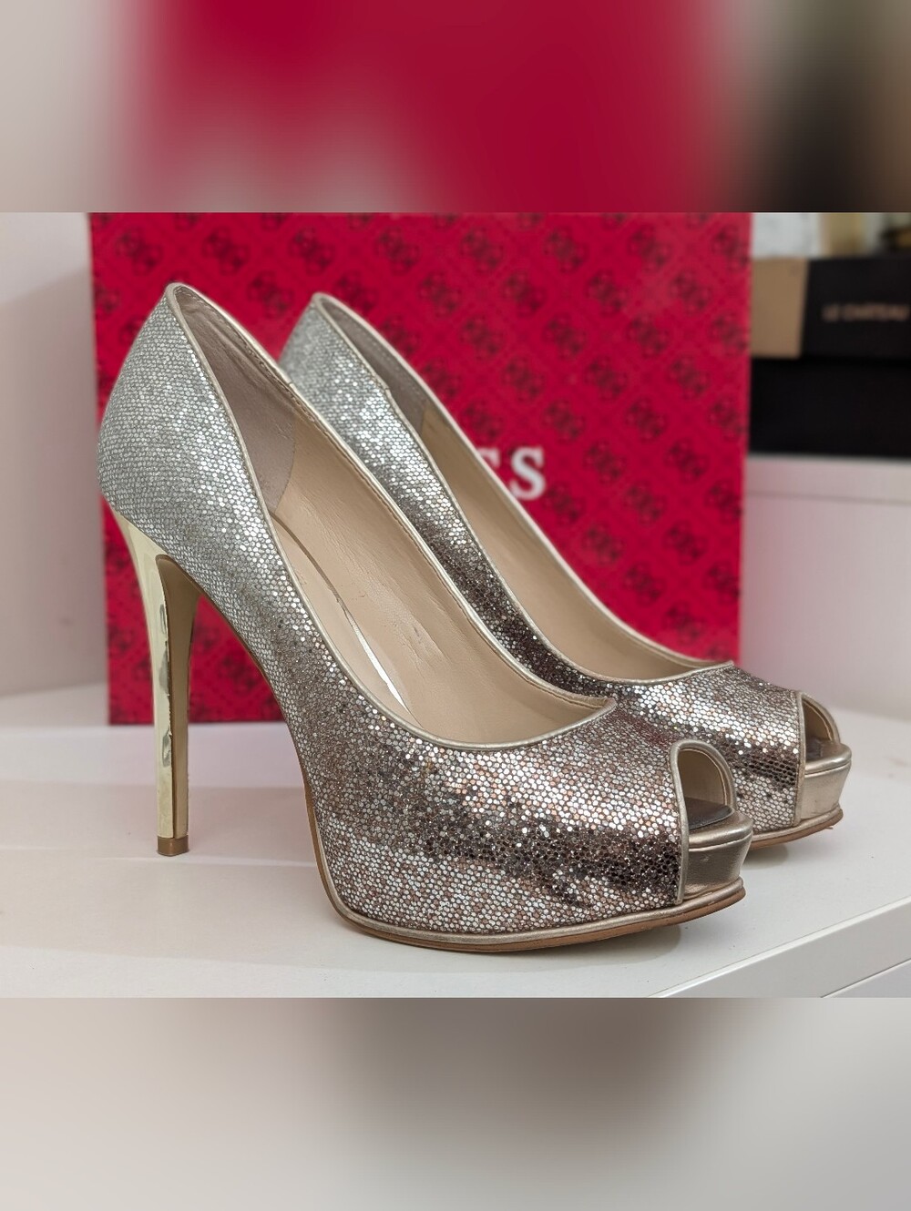 Silver Glitter Peep-Toe High Heels